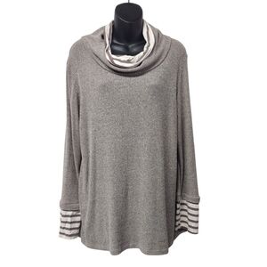 Coco & Main Large Gray Ribbed Cowl Neck Tunic Sweater Striped Cuffs Layered Sz L